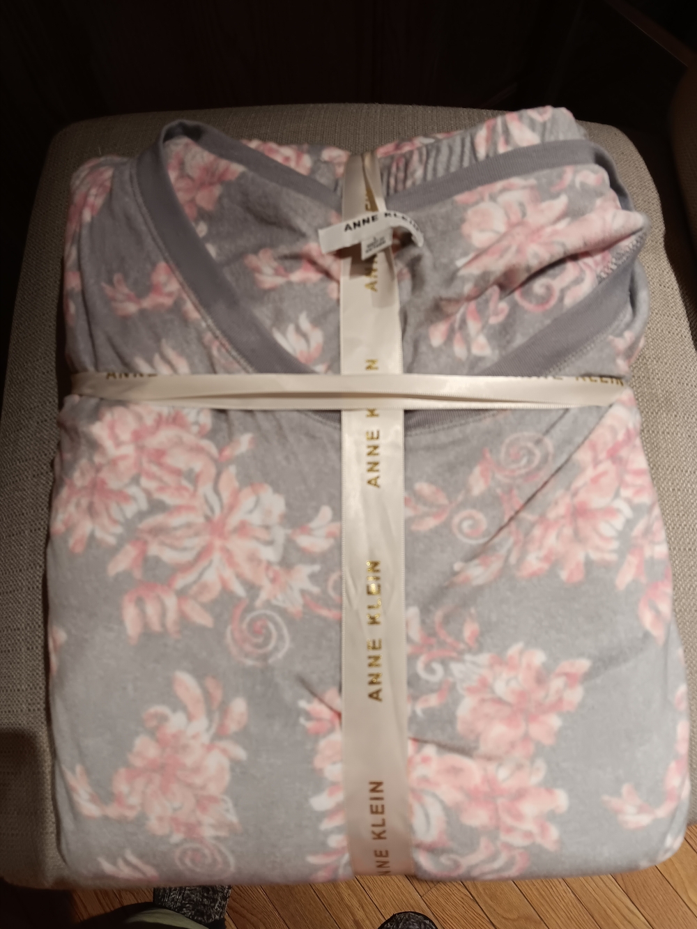 Anne Klein Gray Plush Throw with Pink Floral Pattern